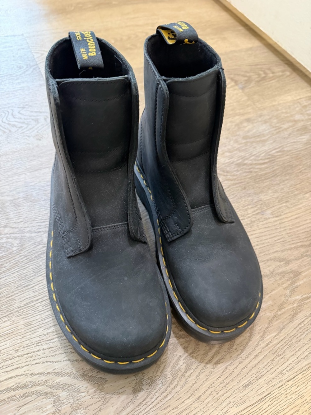 Dr. Martens  zebzag laceless Black Chelsea Boots with Yellow Stitching